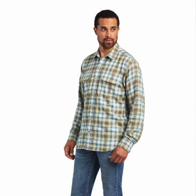 Beige White Men's Ariat Harwell Retro Fit Shirts | 5147-CFMED