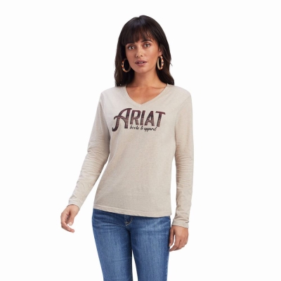 Beige Women's Ariat REAL Chest Logo Relaxed Tops | 4271-DLIQN