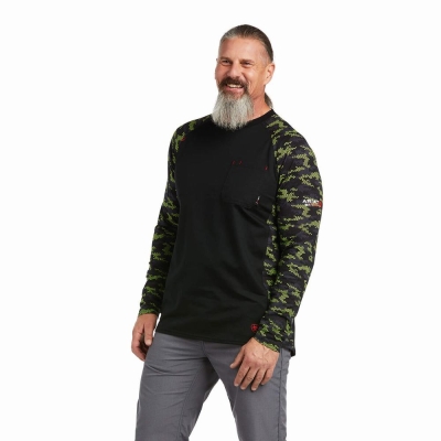 Black Light Green Camo Men's Ariat FR AC Stretch Camo Baseball Shirts | 6890-CORSI