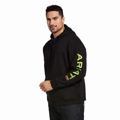 Black Light Green Men's Ariat Rebar Graphic Hoodies | 5071-RXHVS