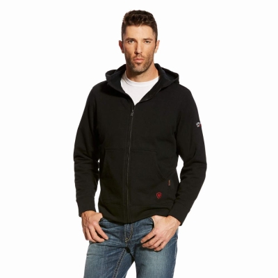 Black Men's Ariat FR DuraStretch Full Zip Hoodies | 4376-UVZDC