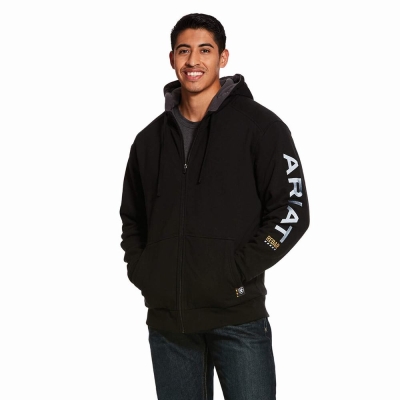 Black Men's Ariat Rebar All-Weather Full Zip Hoodies | 8310-EZRGF