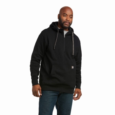 Black Men's Ariat Rebar Workman 1/4 Zip Hoodies | 2780-WJGOP