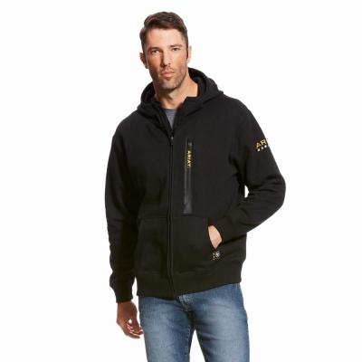 Black Men's Ariat Rebar Workman Full Zip Hoodies | 7856-VTJPS