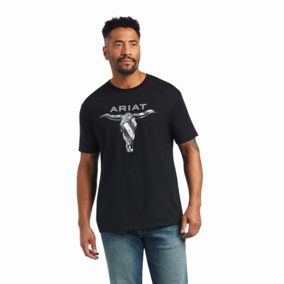 Black Men's Ariat Steer Skull USA Polo Shirts | 8207-APXWB