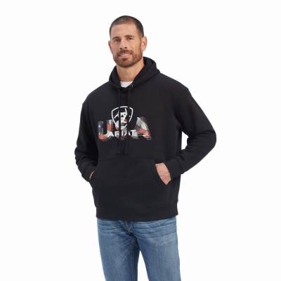 Black Men's Ariat USA Proud Hoodies | 4965-WQVNG