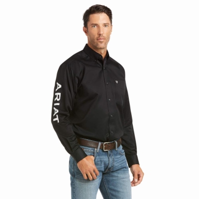 Black White Men's Ariat Team Logo Twill Fitted Shirts | 4163-QFYBO