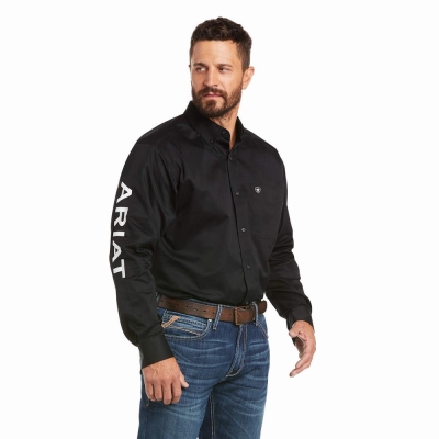 Black White Men's Ariat Team Logo Twill Classic Fit Shirts | 8150-HDAVU