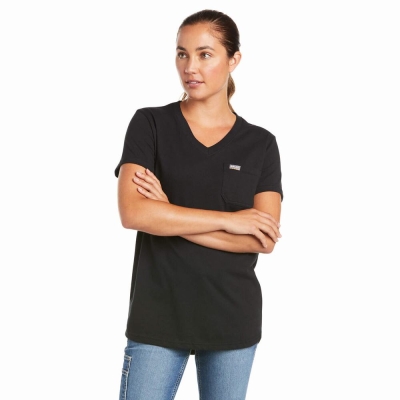 Black Women's Ariat Rebar Cotton Strong V-Neck Short Sleeve | 0631-ZRSAI