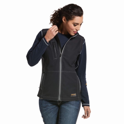 Black Women's Ariat Rebar Stretch Canvas Softshell Vests | 3687-TEPCA