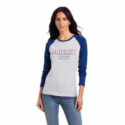 Blue Grey Women's Ariat Varsity Tops | 9370-GAFQX