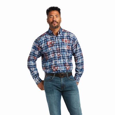 Blue Men's Ariat August Classic Fit Shirts | 6837-OLVKE