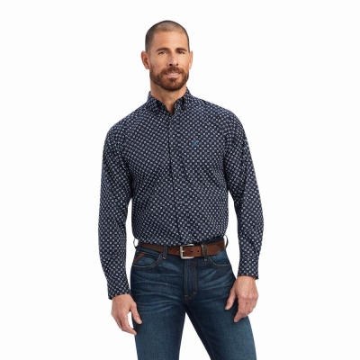 Blue Men's Ariat Baker Stretch Fitted Shirts | 5079-AFULR