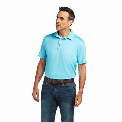 Blue Men's Ariat Charger 2.0 Fitted Polo Shirts | 4156-KZQCL