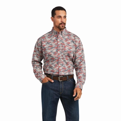 Blue Men's Ariat FR Geo Camo DuraStretch Shirts | 5732-WENIR