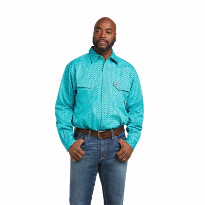 Blue Men's Ariat FR Lopez Snap Shirts | 6593-BGCTK