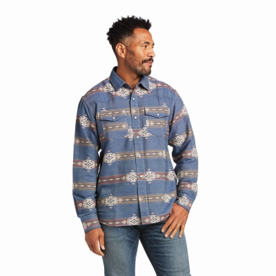 Blue Men's Ariat Hector Retro Fit Shirts | 9280-IYXBT