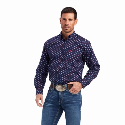 Blue Men's Ariat Nosson Classic Fit Shirts | 8930-KTQME