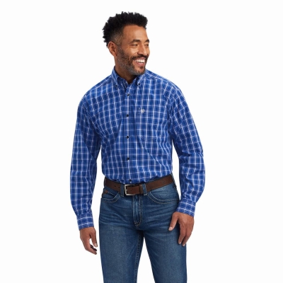 Blue Men's Ariat Pro Series Boone Classic Fit Shirts | 6843-WEMGJ