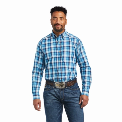 Blue Men's Ariat Pro Series Mateo Classic Fit Shirts | 7089-JHZGI