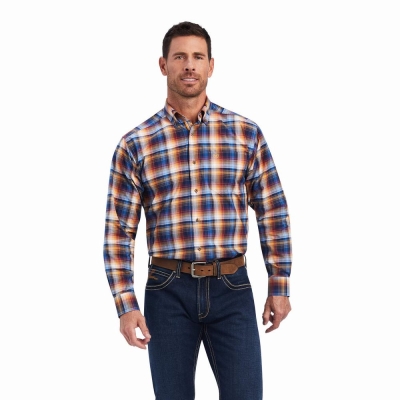 Blue Men's Ariat Pro Series Nigel Stretch Classic Fit Shirts | 7051-CVGTH