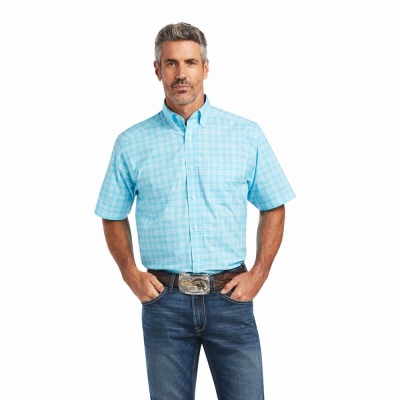 Blue Men's Ariat Pro Series Quilo Stretch Classic Fit Shirts | 4139-ORZUM