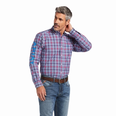 Blue Men's Ariat Pro Series Team Brandon Fitted Shirts | 4183-ZNIRM