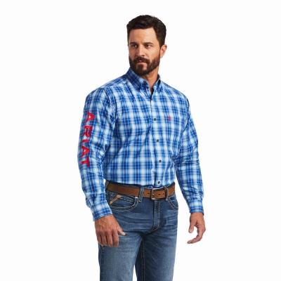 Blue Men's Ariat Pro Series Team Yves Classic Fit Shirts | 6457-UXMAN