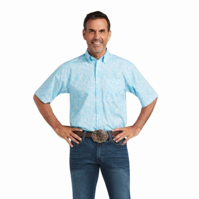 Blue Men's Ariat Qusay Stretch Classic Fit Shirts | 1925-MUYXB