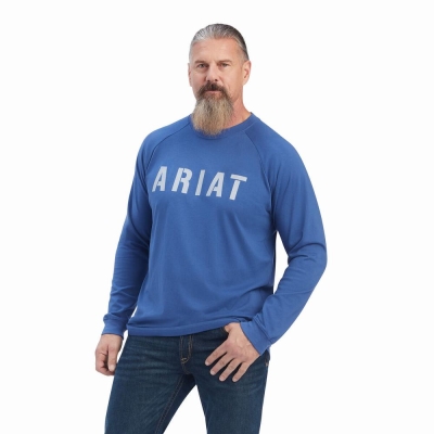 Blue Men's Ariat Rebar CottonStrong Block Polo Shirts | 4917-AOEKB