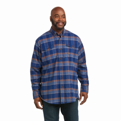 Blue Men's Ariat Rebar Flannel DuraStretch Shirts | 5439-GBKLV