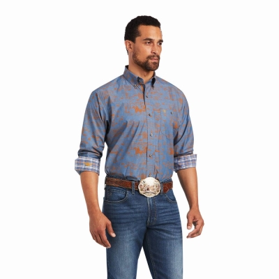 Blue Men's Ariat Relentless Cordage Stretch Classic Fit Shirts | 5293-XNZWL