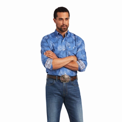 Blue Men's Ariat Relentless Headway Stretch Classic Fit Shirts | 7264-DIZCV