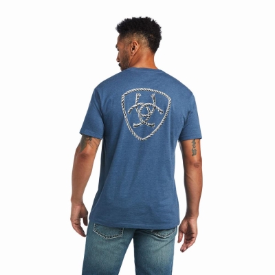 Blue Men's Ariat Rope Shield Polo Shirts | 0846-HNBFS