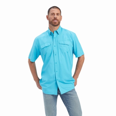 Blue Men's Ariat VentTEK Outbound Classic Fit Shirts | 4790-ZJNRY