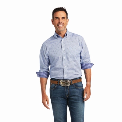 Blue Men's Ariat Wrinkle Free Caysen Classic Fit Shirts | 4708-DTMLU