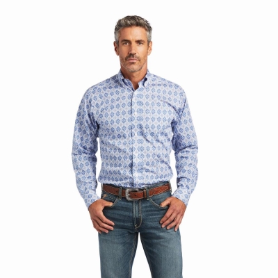 Blue Men's Ariat Wrinkle Free Eliot Fitted Shirts | 4609-JRUKV