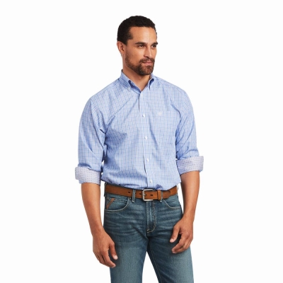 Blue Men's Ariat Wrinkle Free Noah Fitted Shirts | 0271-MCNJP