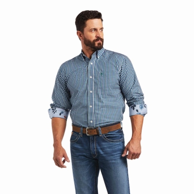 Blue Men's Ariat Wrinkle Free Seamus Fitted Shirts | 3268-TMHYB