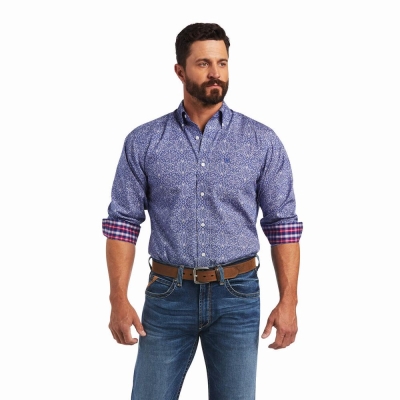 Blue Men's Ariat Wrinkle Free Slater Fitted Shirts | 8724-BZUWA