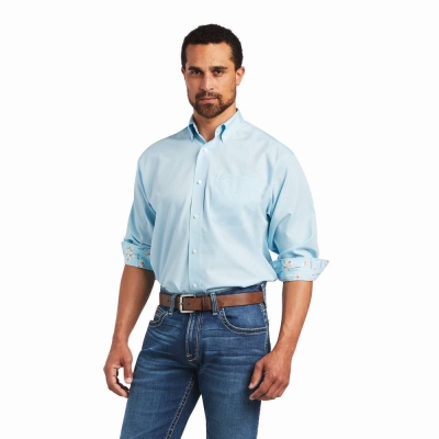 Blue Men's Ariat Wrinkle Free Solid Pinpoint Oxford Classic Fit Shirts | 0684-WLEXY