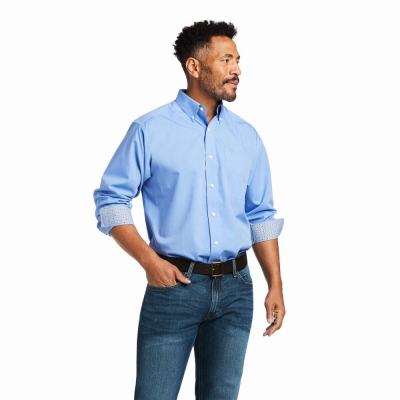 Blue Men's Ariat Wrinkle Free Solid Pinpoint Oxford Classic Fit Shirts | 8612-FNRSI