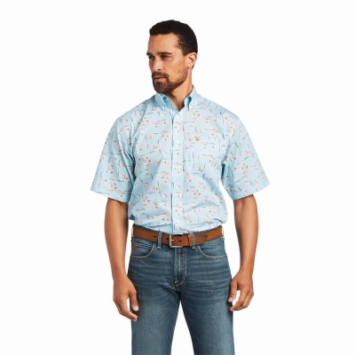 Blue Men's Ariat Wrinkle Free Yariel Classic Fit Shirts | 4869-MDWPK