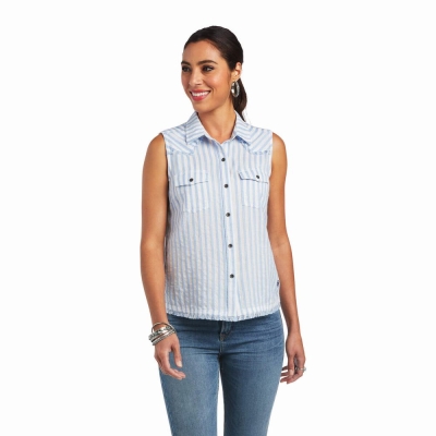 Blue Stripes Women's Ariat Boom Boom Tops | 5810-XGRUB