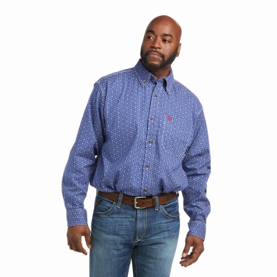 Blue White Men's Ariat FR Murphy Logo DuraStretch Shirts | 9435-POXLW