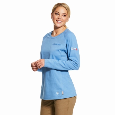 Blue Women's Ariat FR Air Crew Shirts | 1562-FQHYI