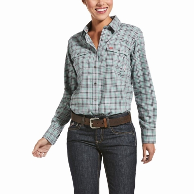 Blue Women's Ariat FR Eberly Snap Shirts | 1073-XRBNG