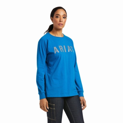 Blue Women's Ariat Rebar CottonStrong Block T Shirts | 7526-WJNBQ