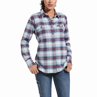 Blue Women's Ariat Rebar Flannel DuraStretch Shirts | 5864-DAHUX