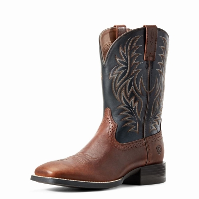 Brown Men's Ariat Sport Wide Square Toe Western Boots | 0567-TIKEA